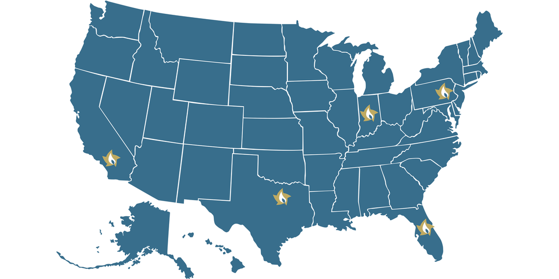 Blue US map with gold star-flame markers in California, Texas, Indiana, Pennsylvania, and Florida
