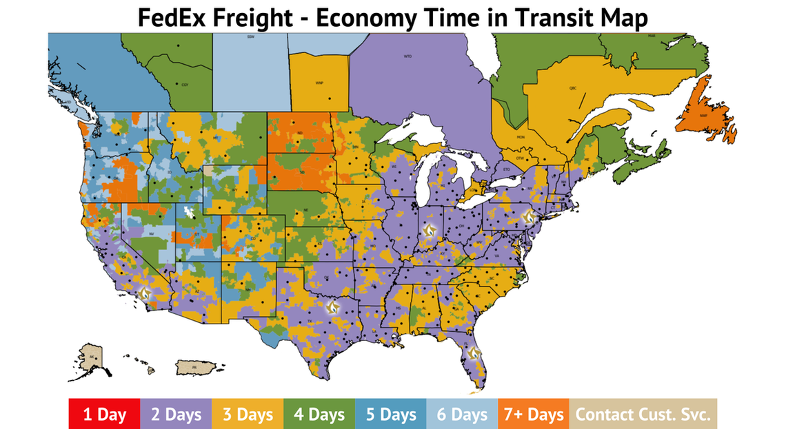 FedEx Freight Economy Time in Transit map of North America color-coded by 1 to 7+ day zones
