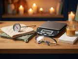 Candle-making safety gear on a wood counter: dial thermometer on pot holders, digital scale, clear safety glasses, and napkins beside an amber candle, with lit candles behind
