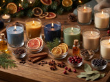 Lit candles in blue, gold, navy, sage, and cream on a wood tray with bowls of cinnamon, star anise, cranberries, dried orange, and fragrance oil bottles