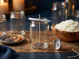 Clear jar with a centered wick held by a wick bar, beside empty jars, a dial thermometer, soy wax flakes, twine spool, and dried lavender and orange