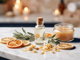 A clear cork-stopped bottle of oil beside a lit amber candle in a glass jar on a white marble counter, with dried orange slices, sage leaves, and dried petals scattered in front and soft candlelight glowing behind