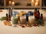Group of soy candles in blue, amber, sage, tan and cream jars with amber oil bottles, a pour pitcher, dried citrus, cinnamon, lavender, and evergreen