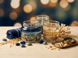 Three clear gel candles embedded with seashells, starfish, sand and an anchor, styled with stones, coral, a navy towel, and a brass compass