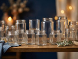 Cluster of empty clear glass candle jars in varied shapes on a wood table, candles and blue dish nearby