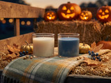 Cream and blue poured candles on a plaid blanket atop hay bales, glowing jack-o-lanterns behind at dusk
