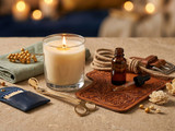 Lit white candle, amber dropper bottle, gold wick trimmers and matches on tooled brown leather, blurred candlelight behind