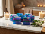 Seven layered blue, purple, magenta, and green soap bars on a marble counter beside lit candles, sage, and a towel