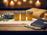 Three jars of yellow gel air freshener on a wood table with sage, candle, journal, and warm cozy lighting