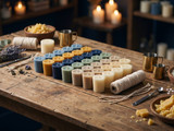 Rows of multicolored votive candles on a rustic wood table with twine, wax, dried lavender and pouring pitchers