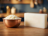 Copper bowl of soy wax flakes beside a white paraffin wax slab on a wood counter