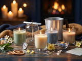 Pastel green, cream, blue, and peach candles with thermometer, pouring pitcher, dried orange, sage, and primrose