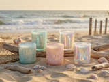 Five pastel iridescent glass candles on beach sand with driftwood and seashells at sunset