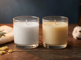 Two candles in glass tumblers, one white and one ambered, on a dark wood table