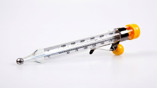 Glass candy thermometer with a metal clip and yellow handle, marked in Fahrenheit and Celsius