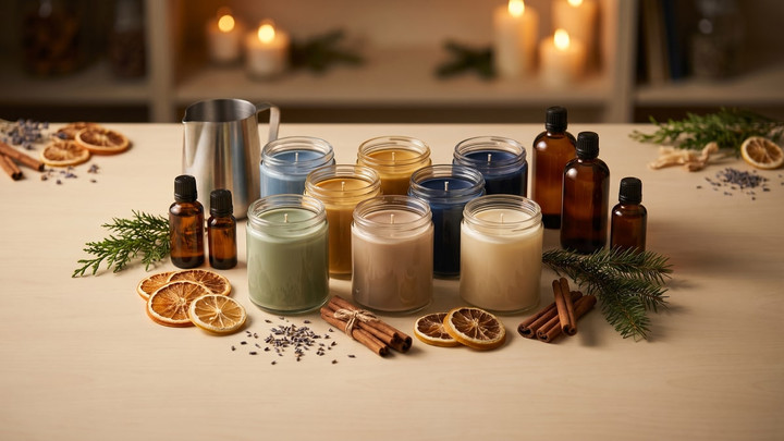 Group of soy candles in blue, amber, sage, tan and cream jars with amber oil bottles, a pour pitcher, dried citrus, cinnamon, lavender, and evergreen