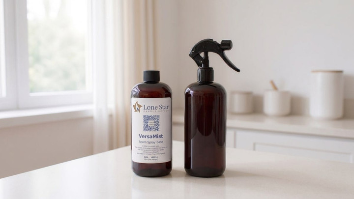 Amber Lone Star VersaMist Room Spray Base bottle beside an amber spray bottle with black trigger sprayer on a counter