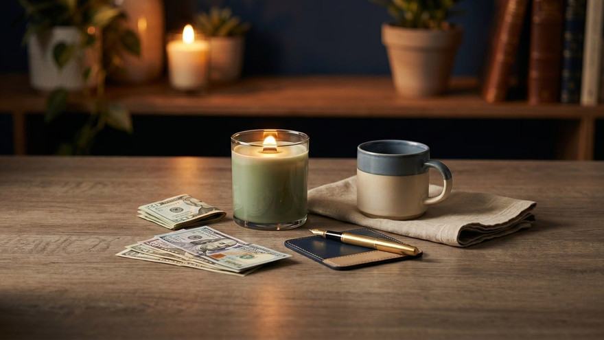 lit green candle, blue mug, fanned hundred-dollar bills, and a gold pen on a wooden table