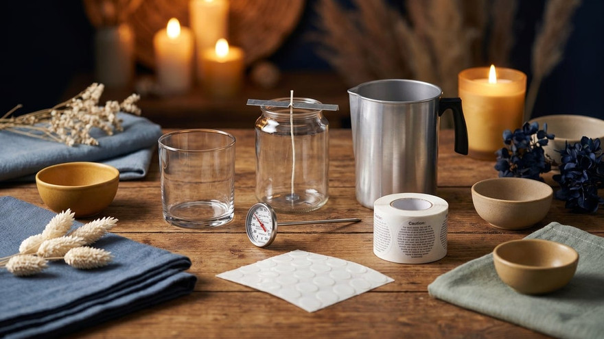 Candle-making supplies on a wood table: empty glass tumbler, wicked jar, dial thermometer, aluminum pouring pot, wick stickers, and a roll of caution labels, with lit candles glowing behind