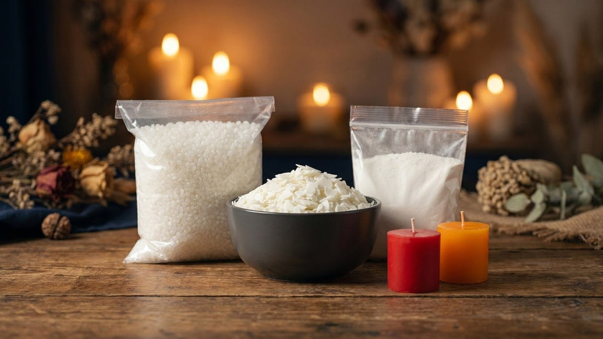 Bag of white wax pastilles and a bag of white powder flanking a dark bowl of soy wax flakes, with red and orange votives and lit candles behind, on a wood table