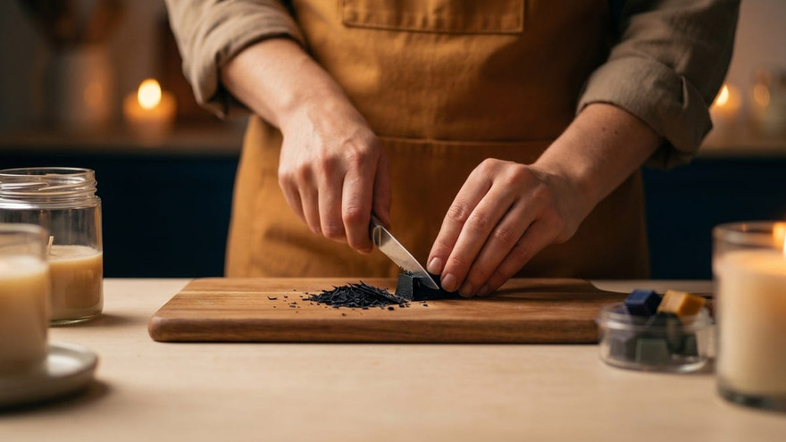 Maker in a mustard apron shaving a dark blue dye block with a knife on a cutting board, dye chips and candles nearby