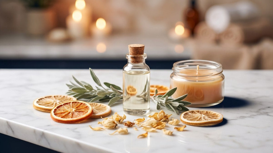 A clear cork-stopped bottle of oil beside a lit amber candle in a glass jar on a white marble counter, with dried orange slices, sage leaves, and dried petals scattered in front and soft candlelight glowing behind