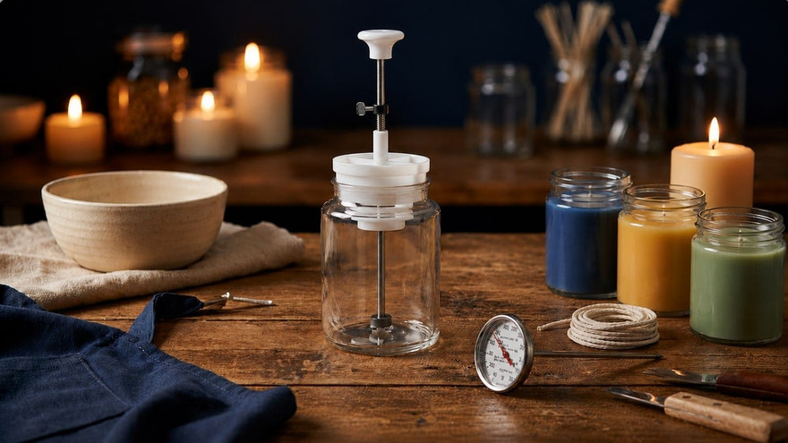 White wick-setter tool clamped over a clear glass jar centering a wick, beside a ceramic bowl, thermometer, wick spool, and blue, gold, and green candles