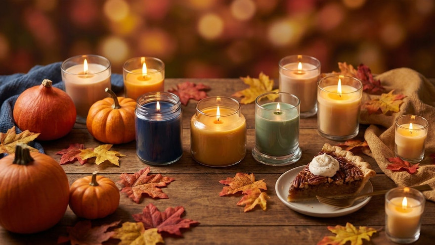 Soy candles in blue, amber, sage and cream jars among pumpkins, autumn leaves, and a pecan pie slice