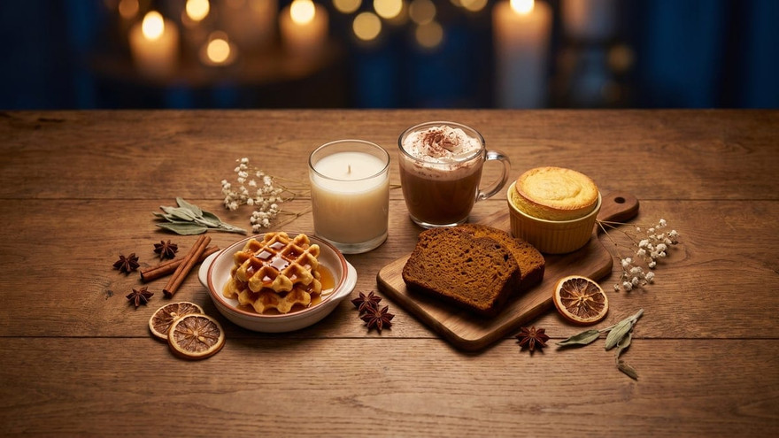 Cream candle on a wood table with syrup waffles, whipped-topped cocoa, pumpkin bread slices, a ramekin cake, cinnamon, star anise, and dried orange
