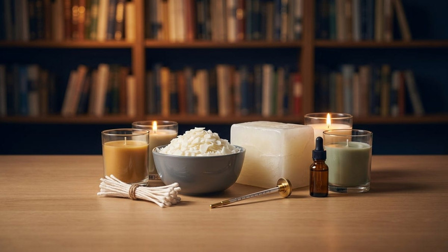 Candle-making still life before a bookshelf: bowl of white wax flakes, paraffin block, wick bundle, thermometer, amber dropper bottle, and lit jar candles