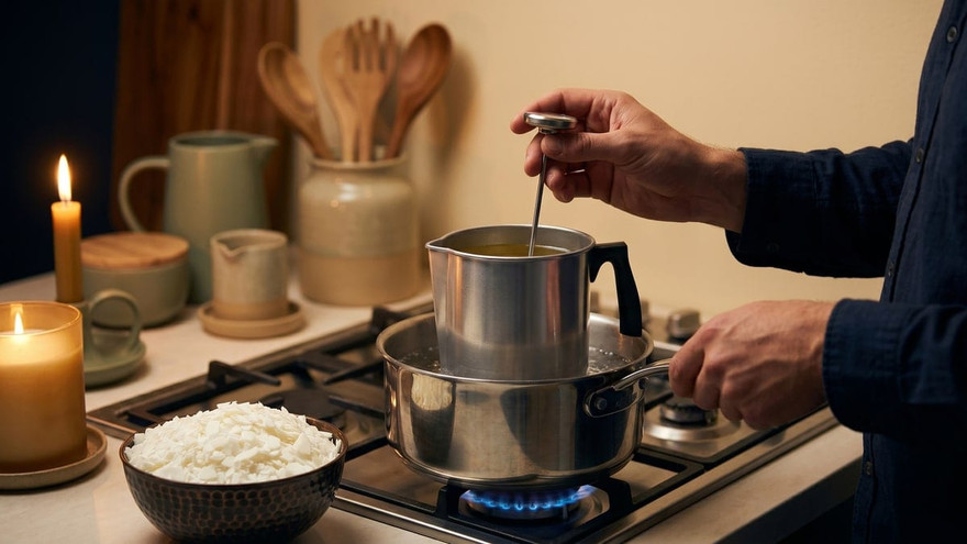 Hands checking a thermometer in a metal pouring pot set in a water bath over a gas flame, soy wax flakes in a bowl beside