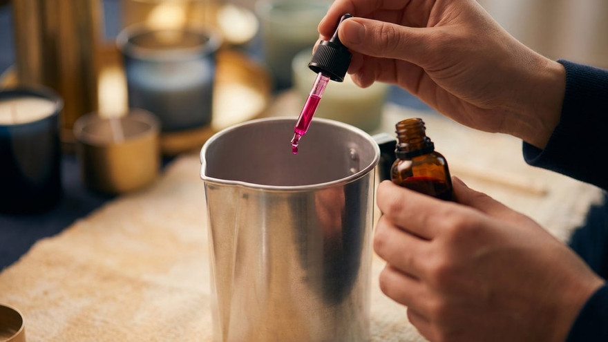 Glass dropper releasing a magenta dye drop into a steel pouring pot, amber dye bottle held alongside, candles behind