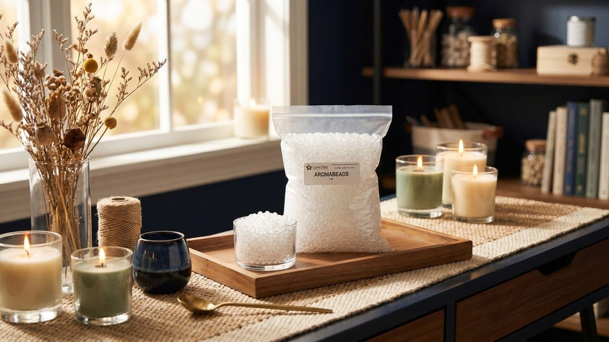 Bag of Lone Star Aromabeads and a glass of white beads on a tray with lit candles by a window