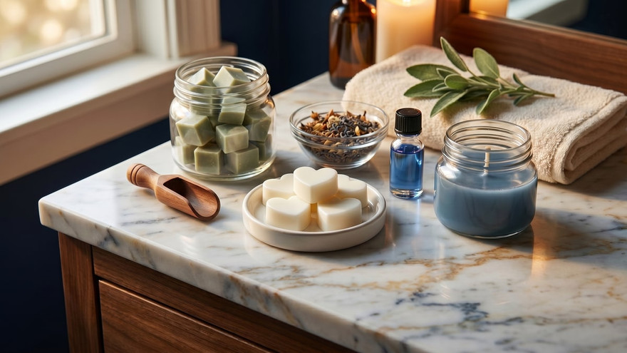 White heart-shaped soap bars on a dish atop a marble counter beside a jar of green soap cubes, a bowl of botanicals, a blue oil bottle, a blue jar candle, and a cream towel with a sage sprig
