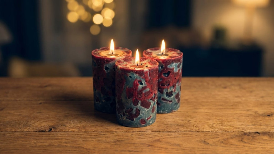 Three lit pillar candles with mottled red and gray pitted surfaces on a wood table, warm bokeh behind