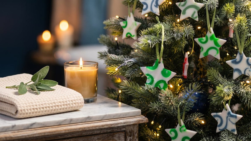 White star soap ornaments with green and blue swirls hanging on a lit Christmas tree beside a lit candle