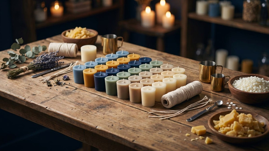 Rows of multicolored votive candles on a rustic wood table with twine, wax, dried lavender and pouring pitchers