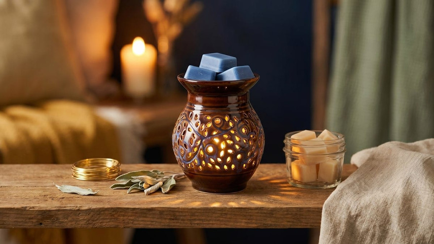 Blue wax melt cubes in the dish of a glowing brown ceramic warmer beside a lit candle