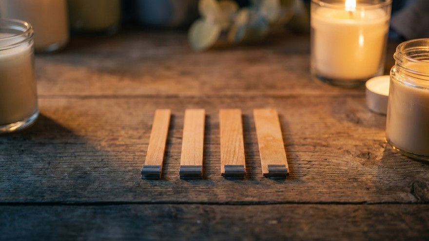 Four flat wooden wicks in metal tabs lined up on rustic wood beside lit jar candles