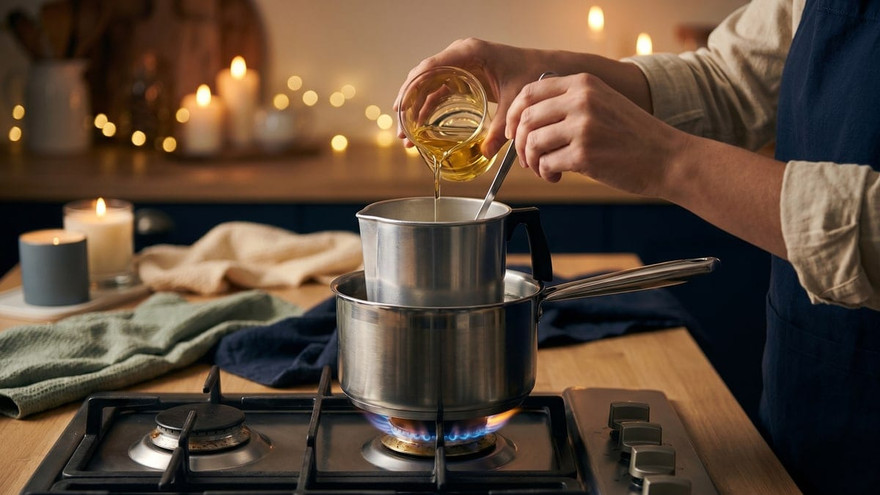 Hands pouring pale fragrance oil from a beaker into a pouring pot in a double boiler over a lit gas burner