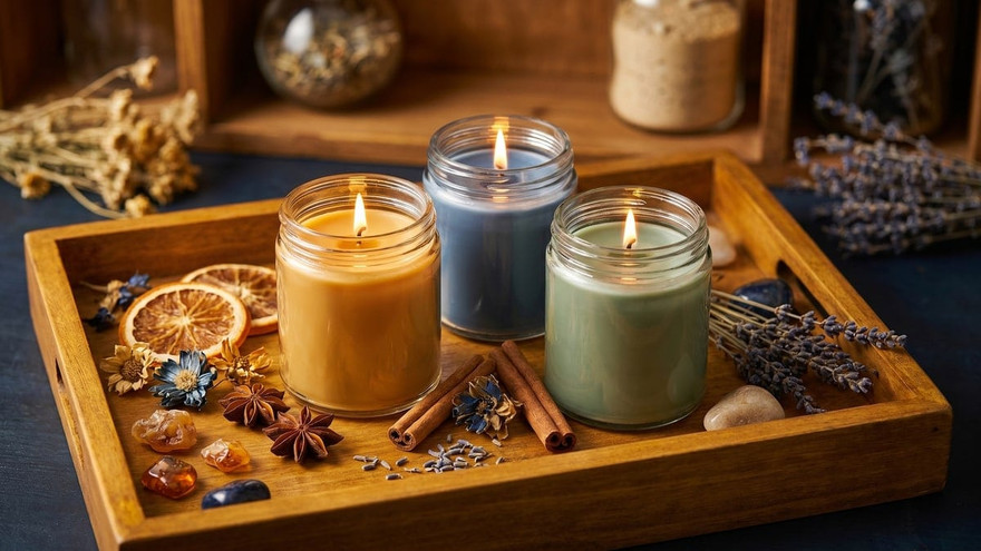 Three lit candles in glass jars on a wood tray with cinnamon, lavender, dried orange, star anise