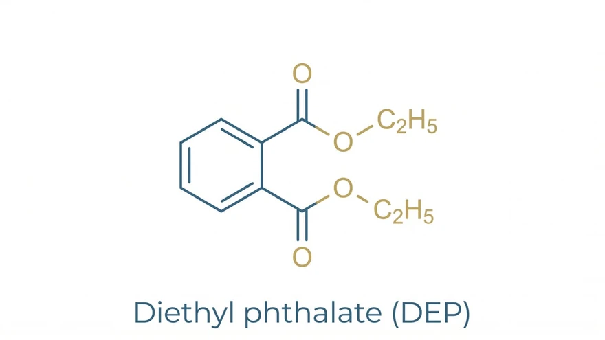Blue skeletal chemical structure of diethyl phthalate, labeled Diethyl phthalate (DEP)