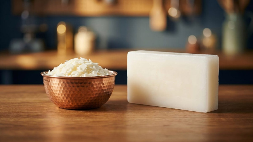 Copper bowl of soy wax flakes beside a white paraffin wax slab on a wood counter