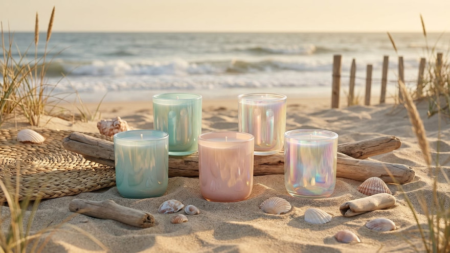 Five pastel iridescent glass candles on beach sand with driftwood and seashells at sunset
